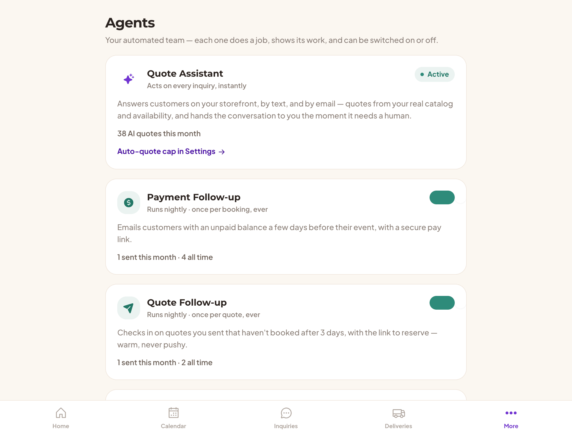 The Agents page: each automation with its activity count and an on/off toggle