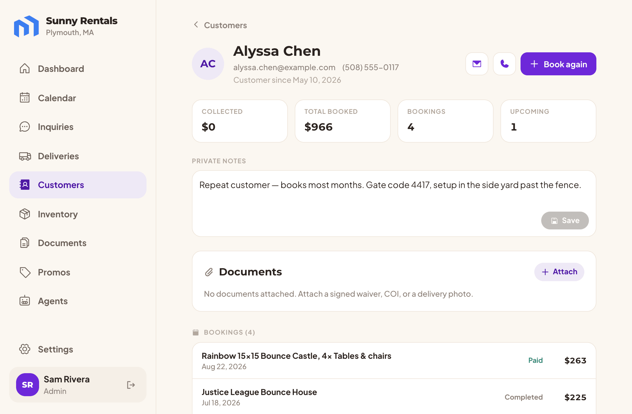 A customer profile with booking totals, private notes, and rental history