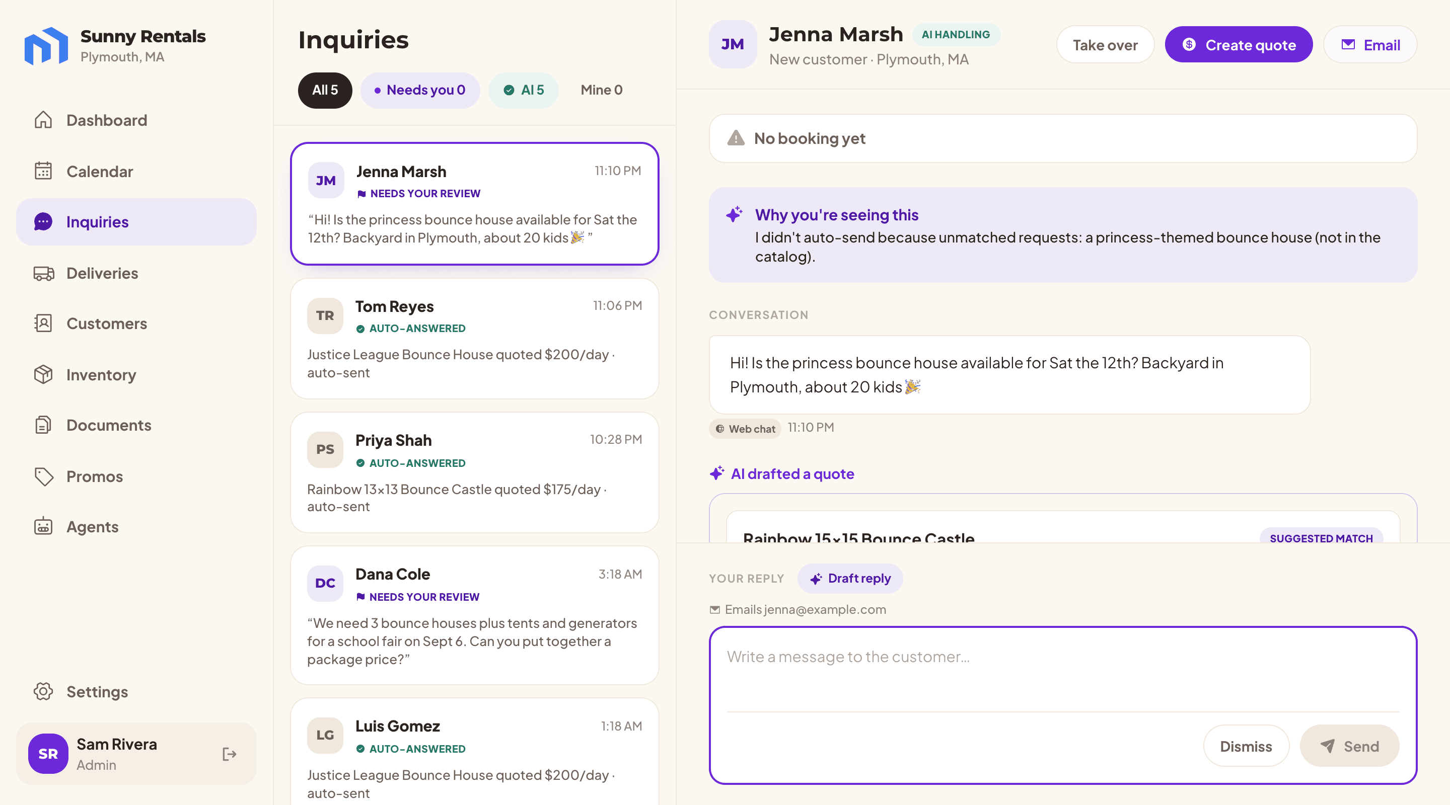 The Movables inbox: inquiry list beside an open thread the AI is handling