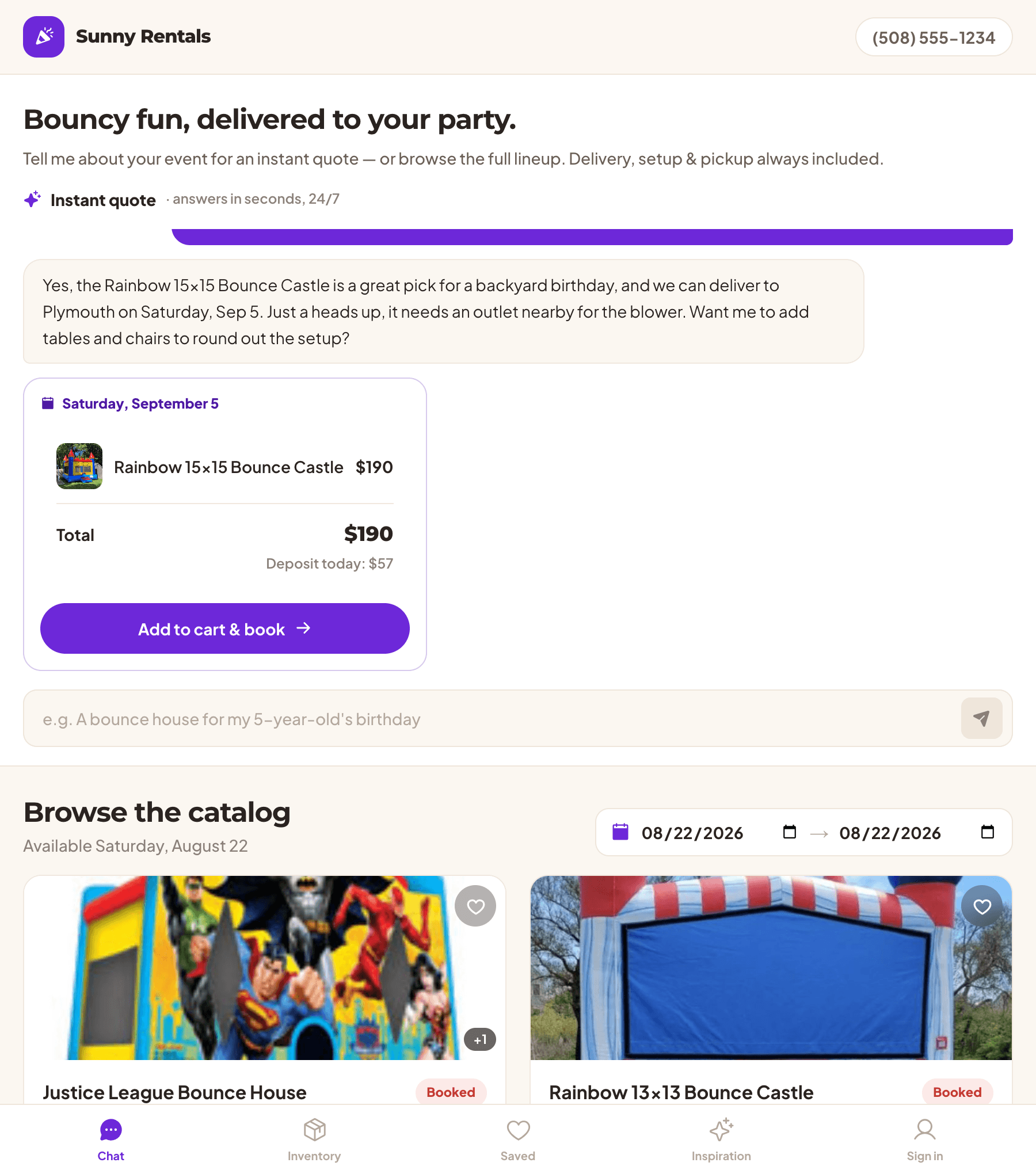 A storefront chat where the AI answers an availability question with a priced quote card