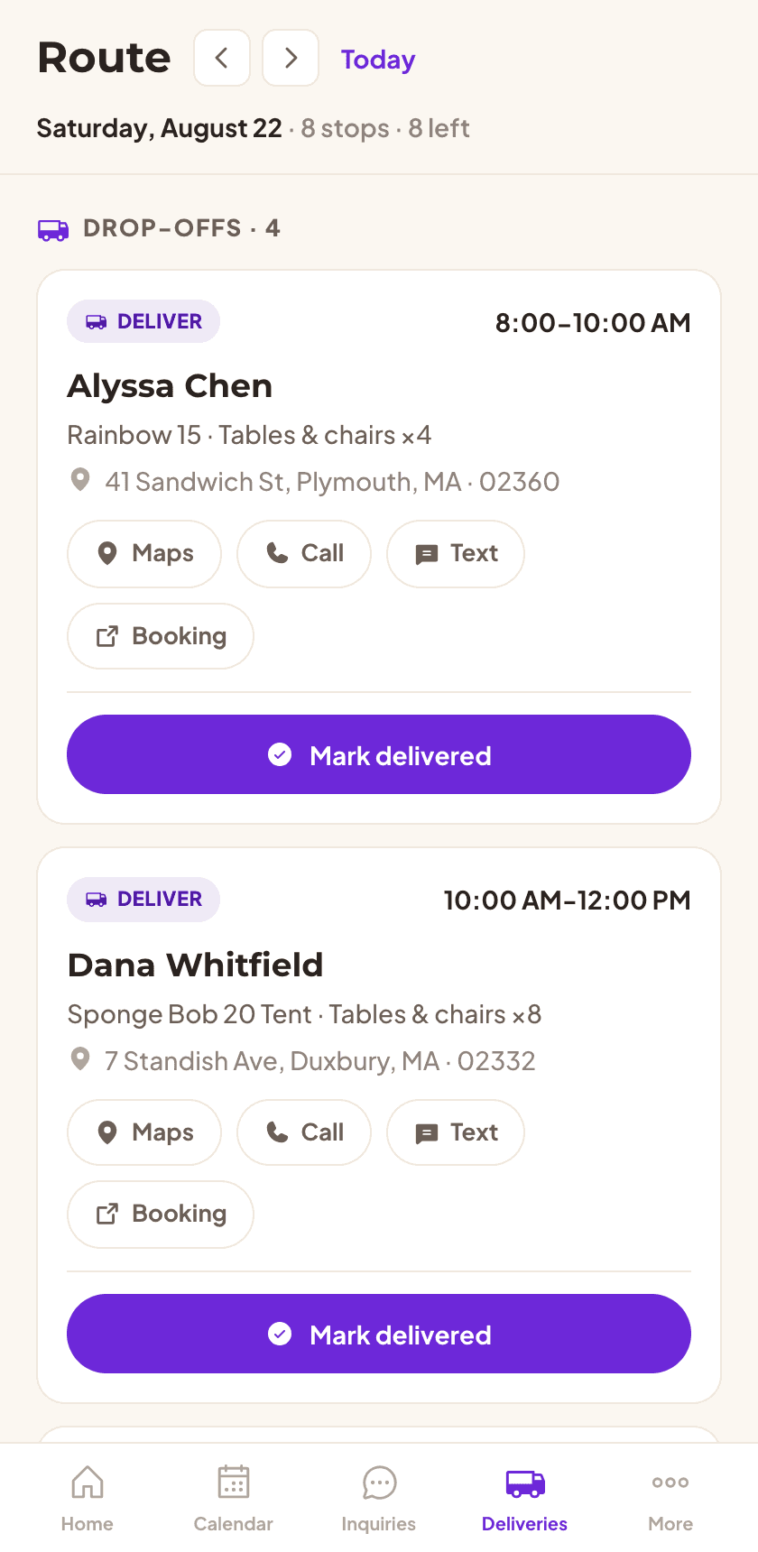 The day's delivery route on a phone: timed stops with map, call, and text shortcuts