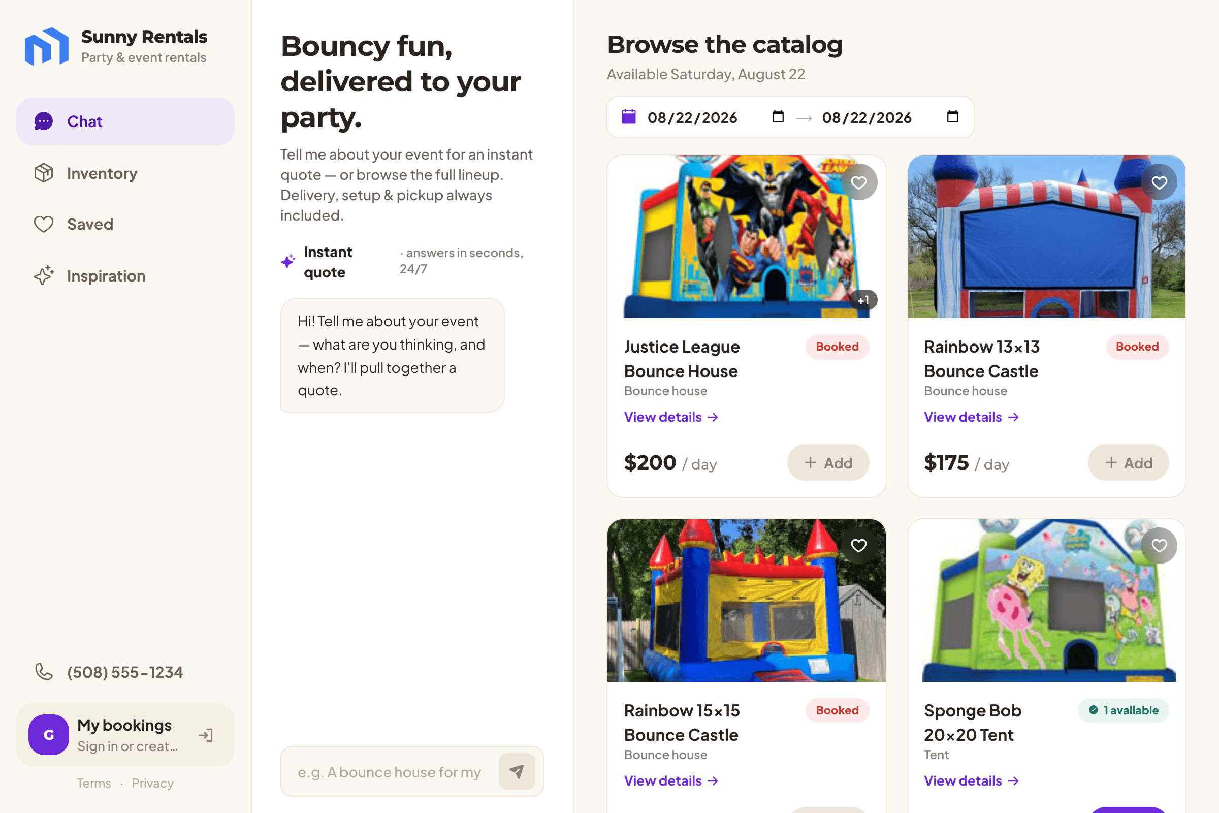 A branded storefront with the AI chat beside a browsable catalog with live availability
